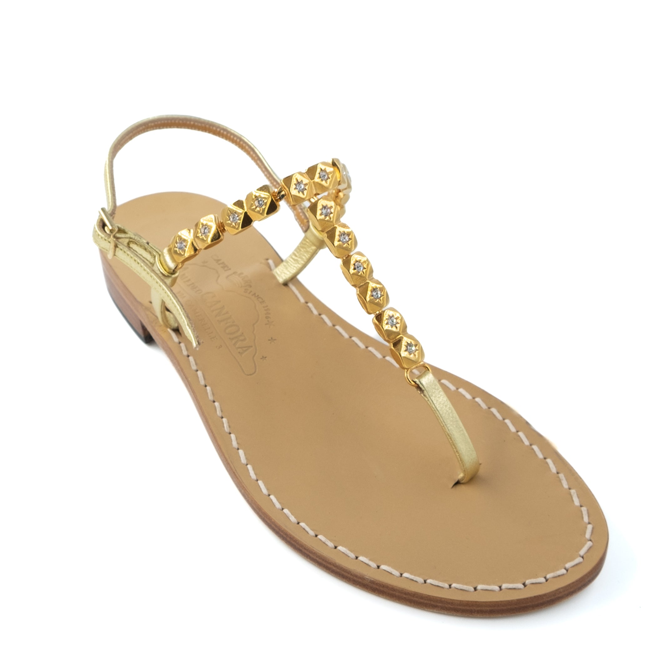 Masha - Genuine golden leather thong sandal with colored beads