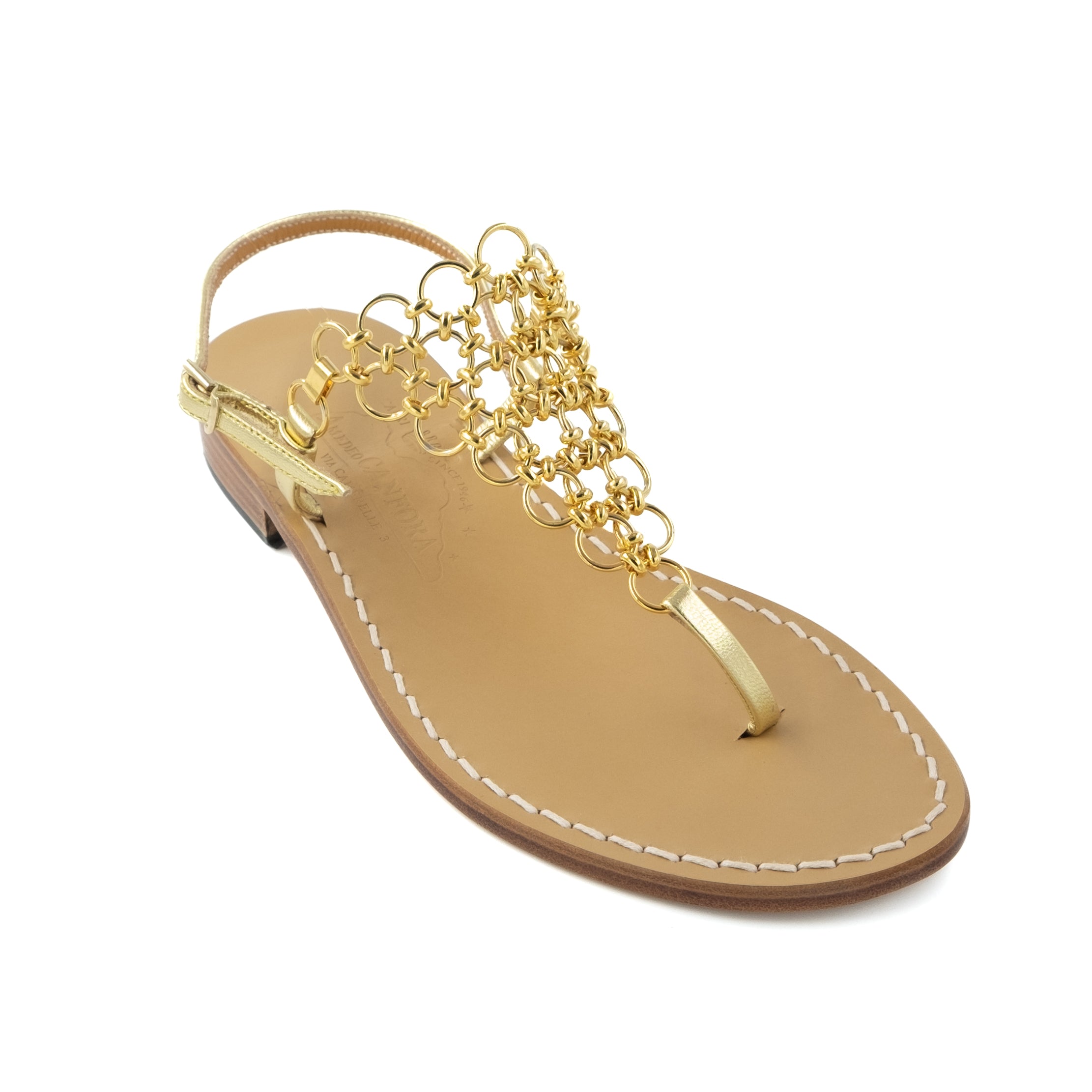 K Leather thong sandal with triangle of interlacing metal rings