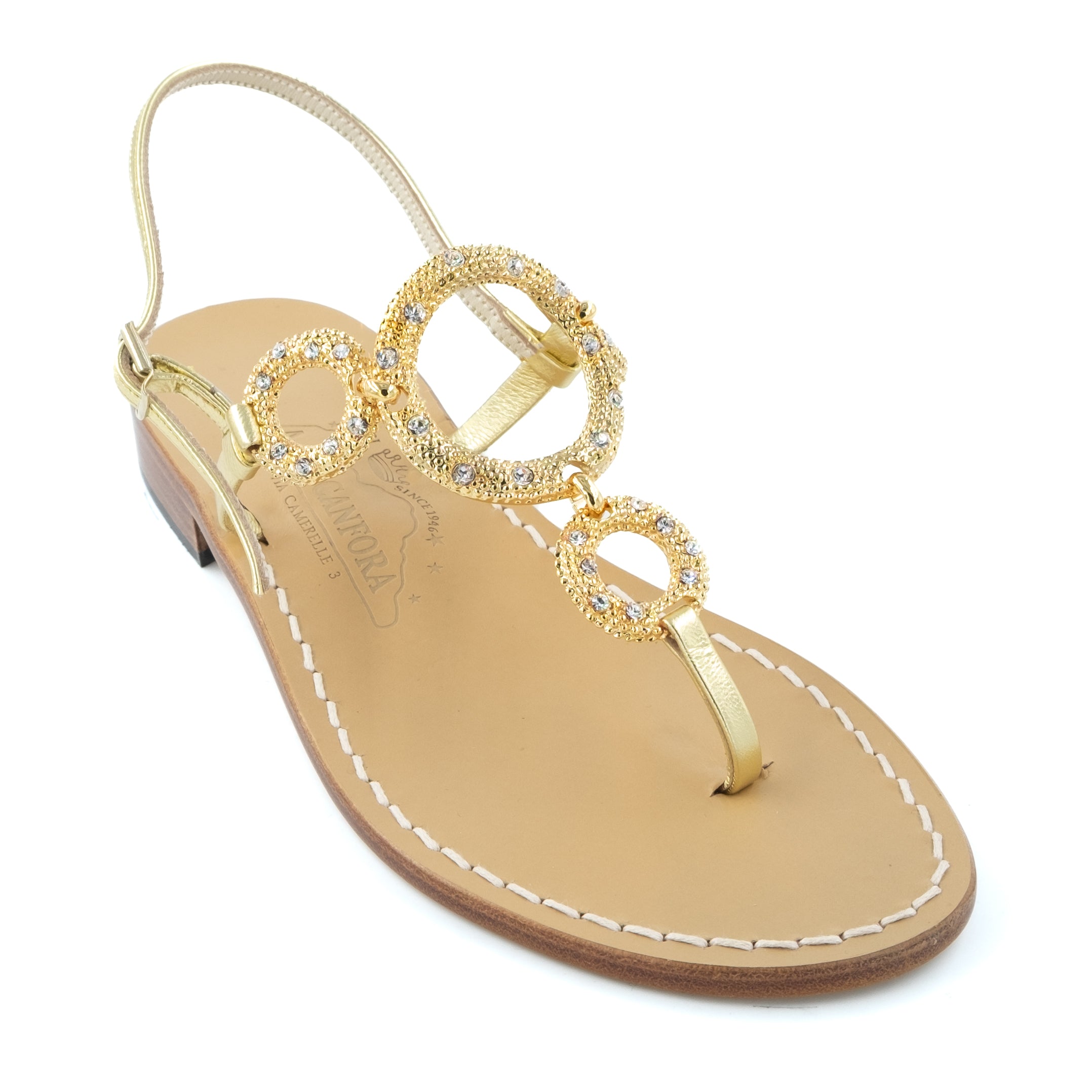 Pamela Genuine thong sandal with ornamental rings in metal