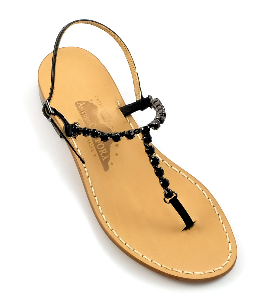 Anita - Genuine leather thong sandal with small rhinestones