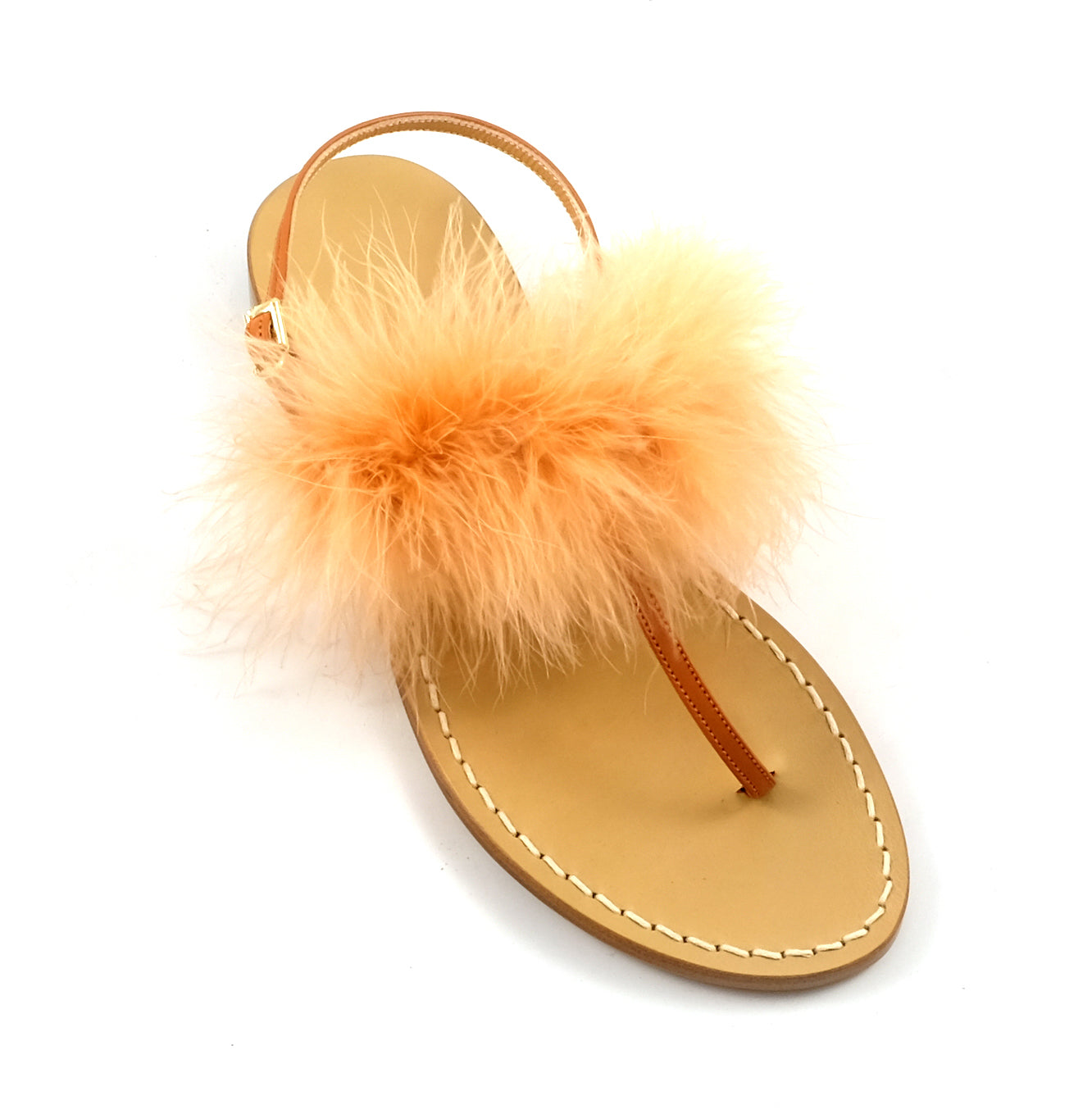 Sasha - Genuine leather thong sandal with fluffy feathers