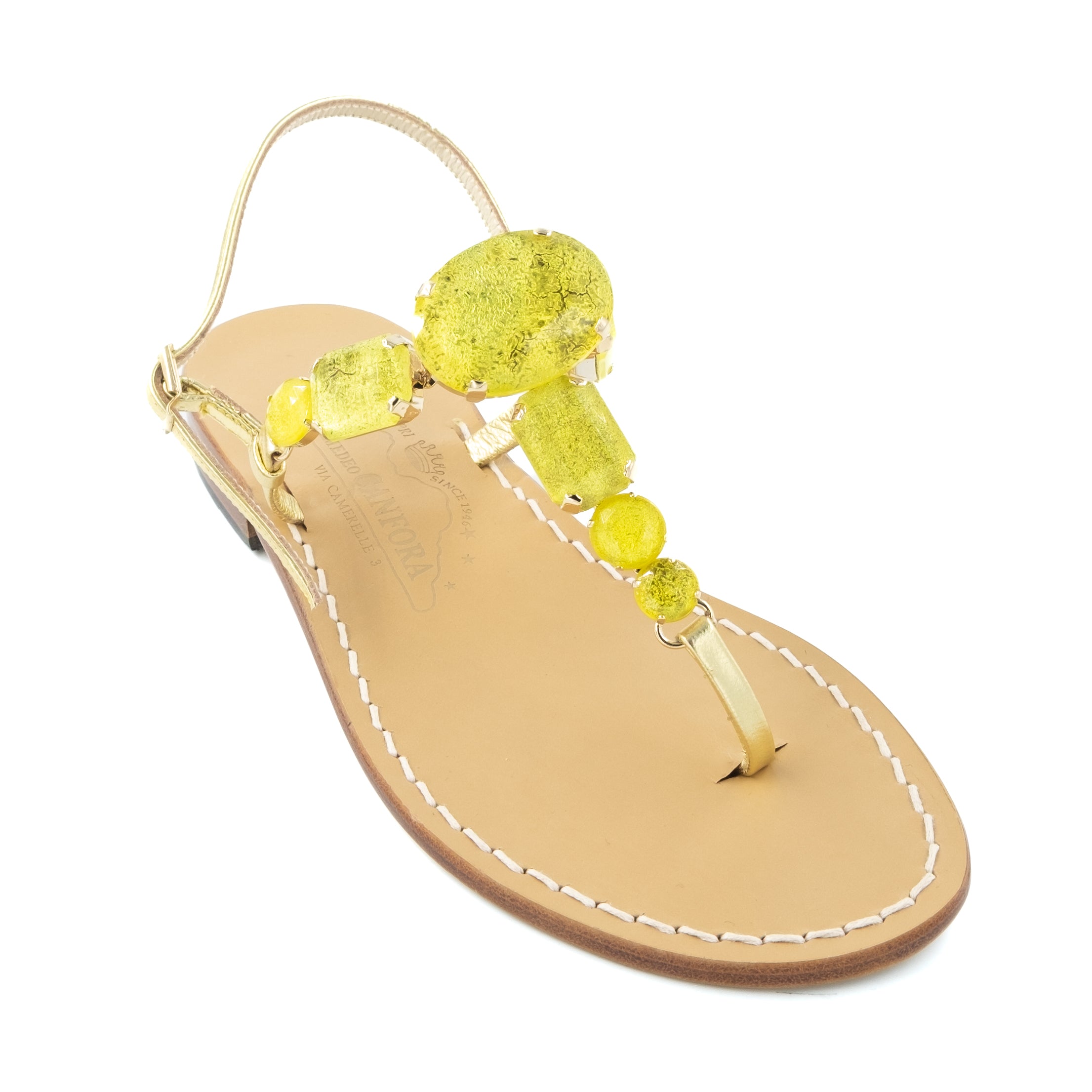 Jamila - Genuine leather thong sandal with large colored crystals