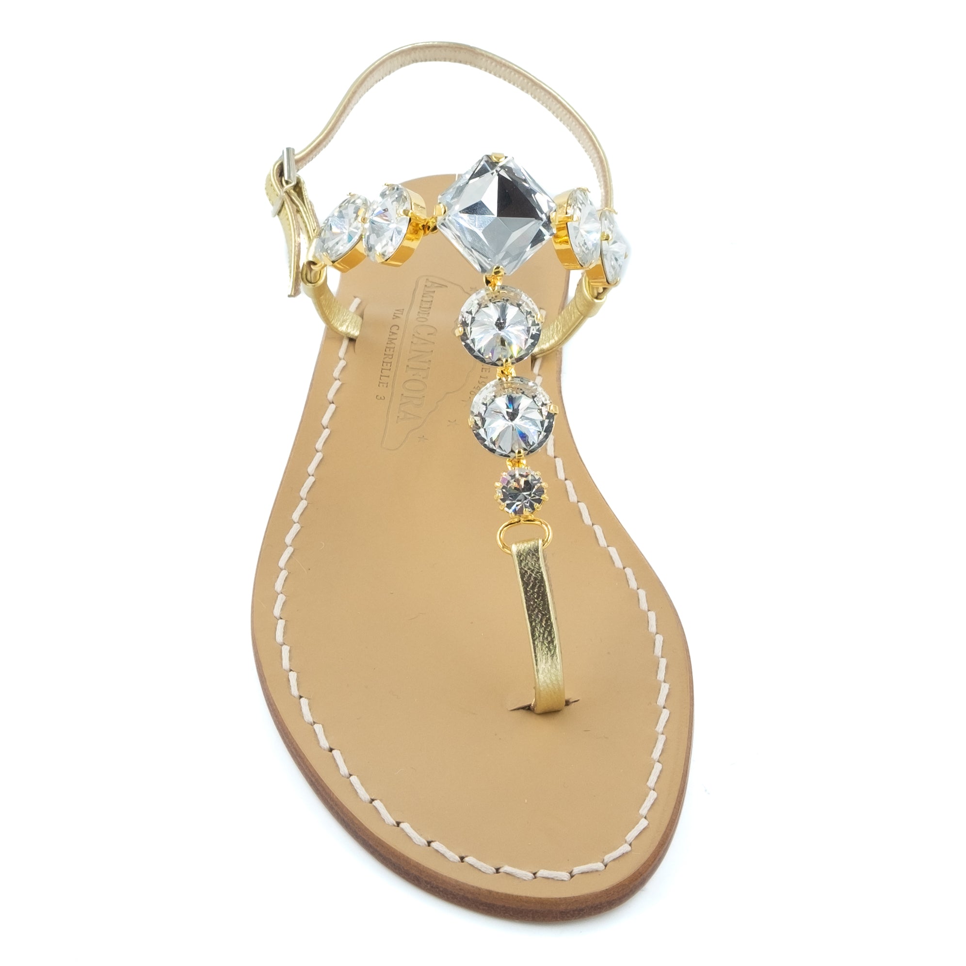 Senia - Genuine leather thong sandal with transparent rhinestones