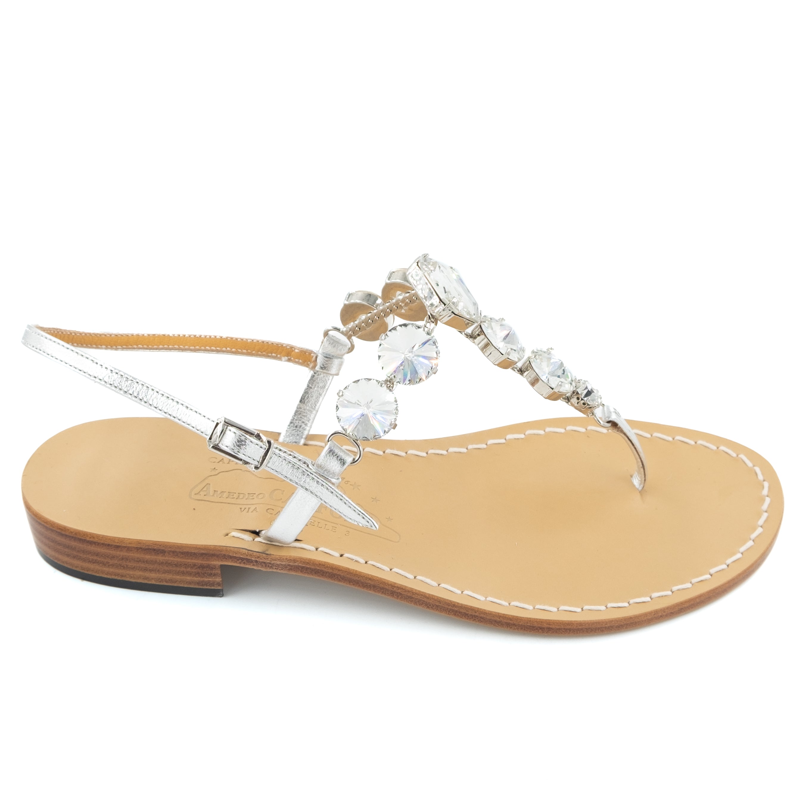 Senia - Genuine leather thong sandal with transparent rhinestones