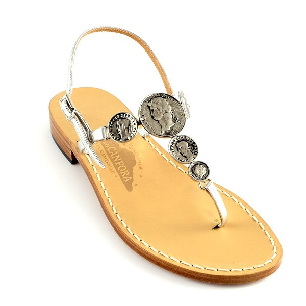 Marta - Genuine leather thong sandal with metal coins – Canfora.com