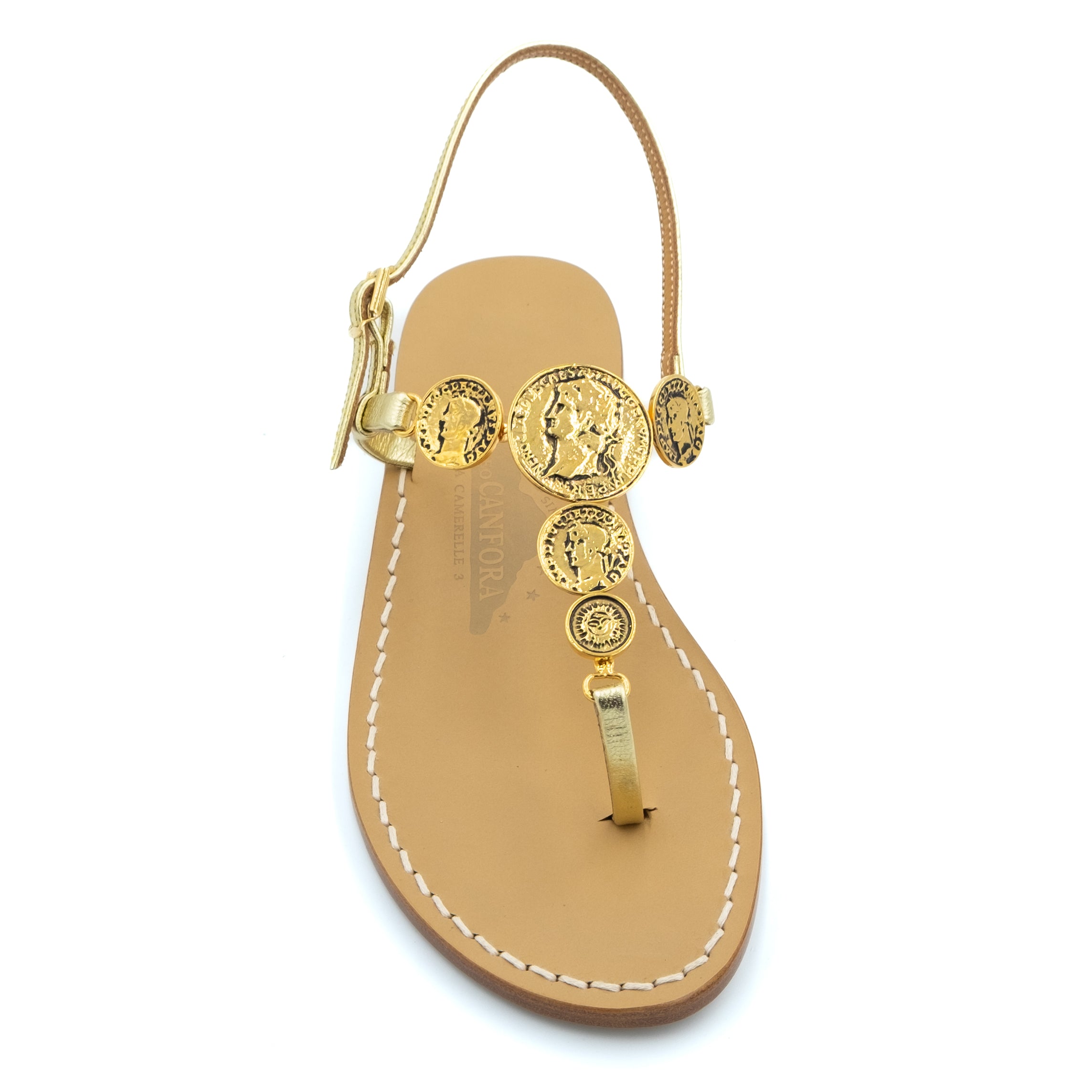 Marta - Genuine leather thong sandal with metal coins – Canfora.com